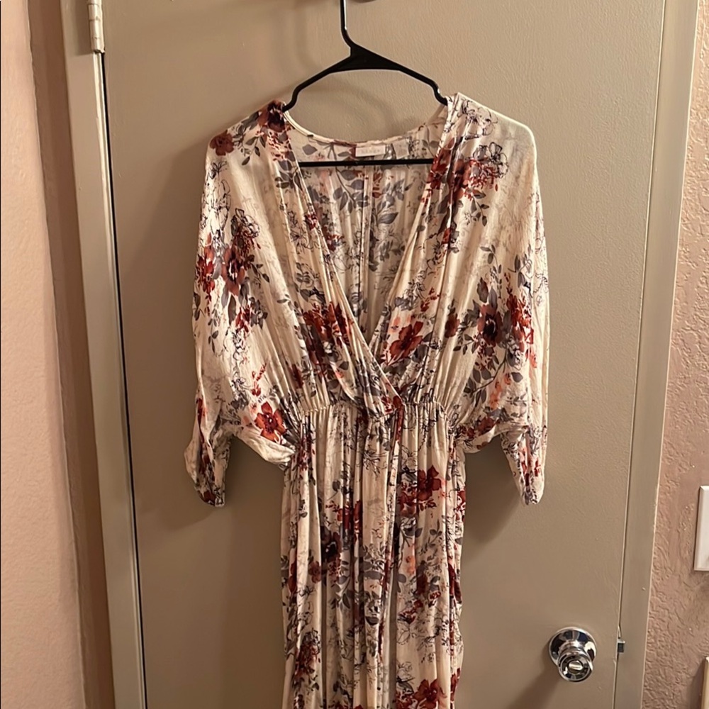 Hinge maroon and cream Maxi Dress with Plunge Neckline and Bishop Sleeves